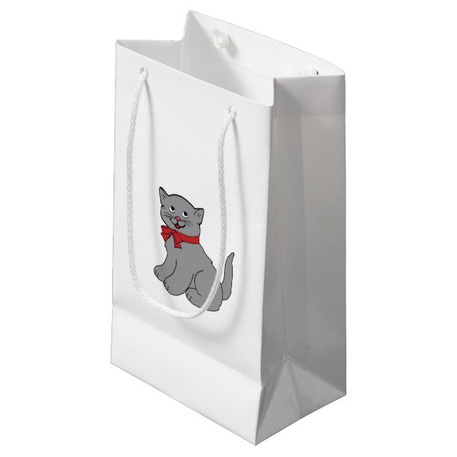 Grey Cat with Red Bow Small Gift Bag (Front Angled)