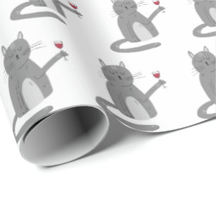 Grey Cat With Red Wine Wrapping Paper