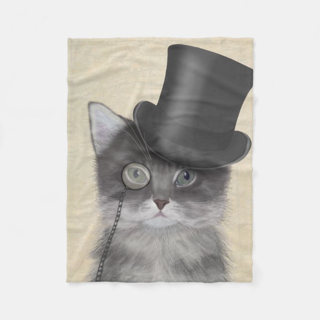 Grey Cat with Top Hat Fleece Blanket (Front)