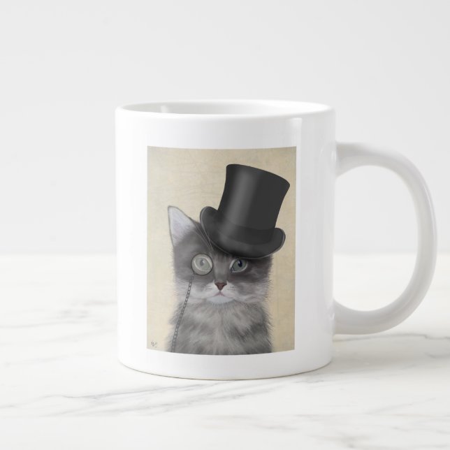 Grey Cat with Top Hat Large Coffee Mug (Right)