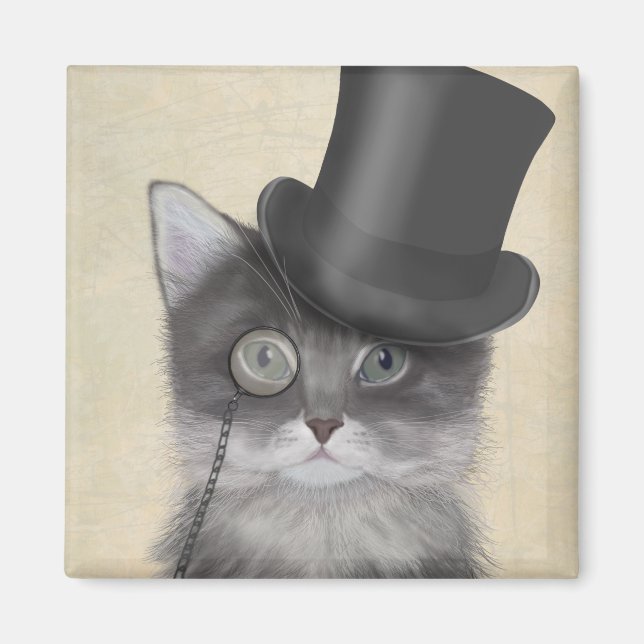 Grey Cat with Top Hat Magnet (Front)