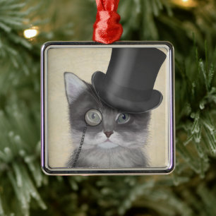 Grey Cat with Top Hat Metal Tree Decoration