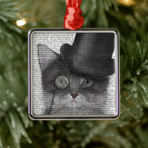 Grey Cat with Top Hat Metal Tree Decoration