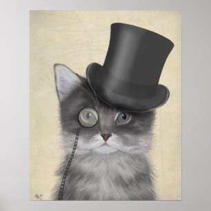 Grey Cat with Top Hat Poster