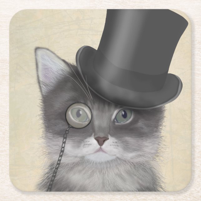 Grey Cat with Top Hat Square Paper Coaster (Front)