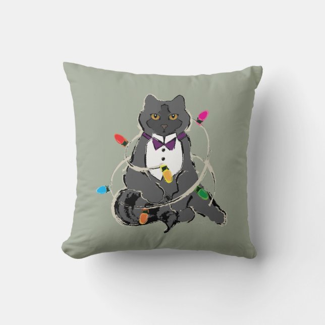 Grey Cat Wrapped In Christmas LIghts Cushion (Front)