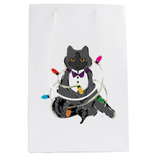 Grey Cat Wrapped In Christmas LIghts Medium Gift Bag