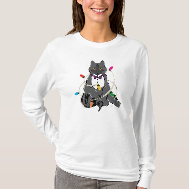 Grey Cat Wrapped In Christmas LIghts T-Shirt (Front)