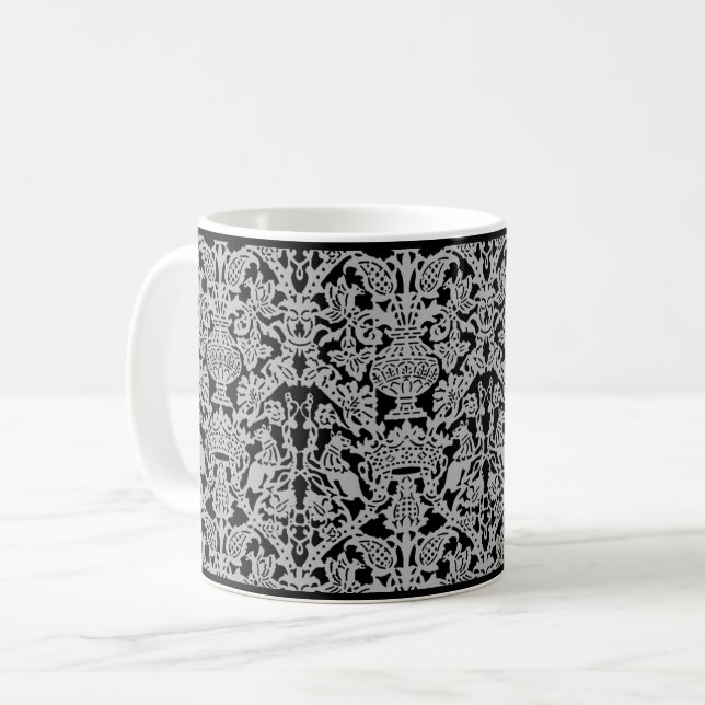 Grey Cats and Crowns Damask Coffee Mug (Front Left)