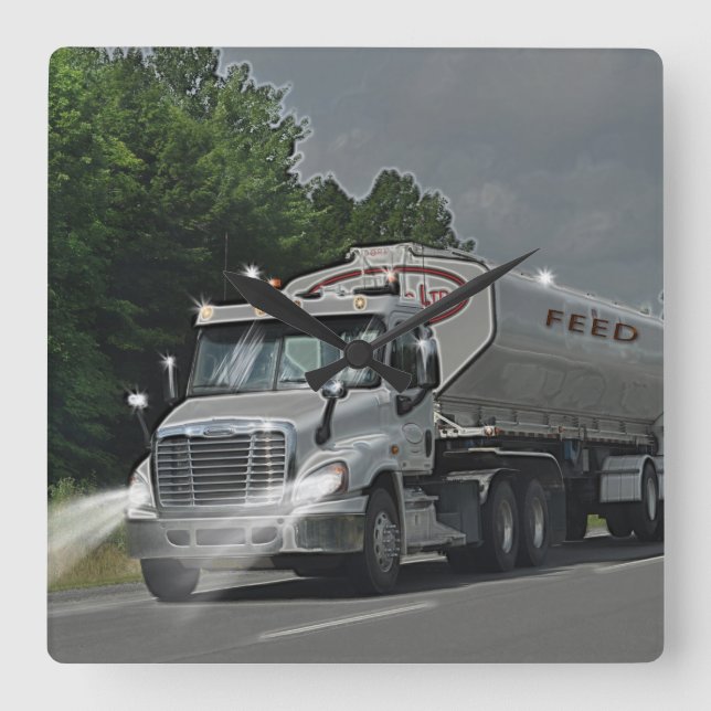 Grey Cattle Feed Cistern Truck for Truckers & Kids Square Wall Clock (Front)