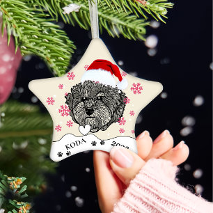Grey Cavoodle Dog Personalised Hand Drawing Ceramic Tree Decoration