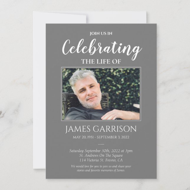 Grey Celebration of Life Photo Memorial Invitation (Front)