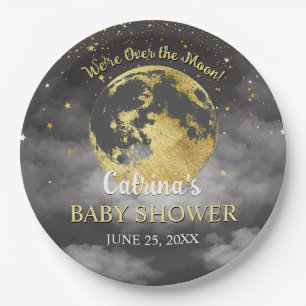 Grey Celestial Over the Moon and Stars Baby Shower Paper Plate