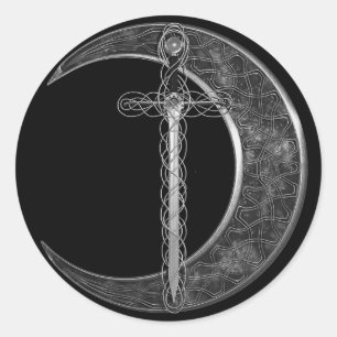 Grey Celtic Sword and Moon Classic Round Sticker