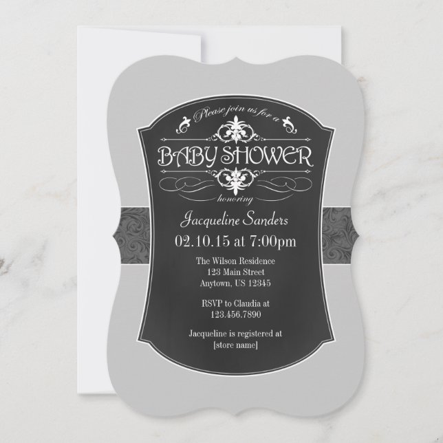 Grey Chalkboard Baby Shower Invitation (Front)