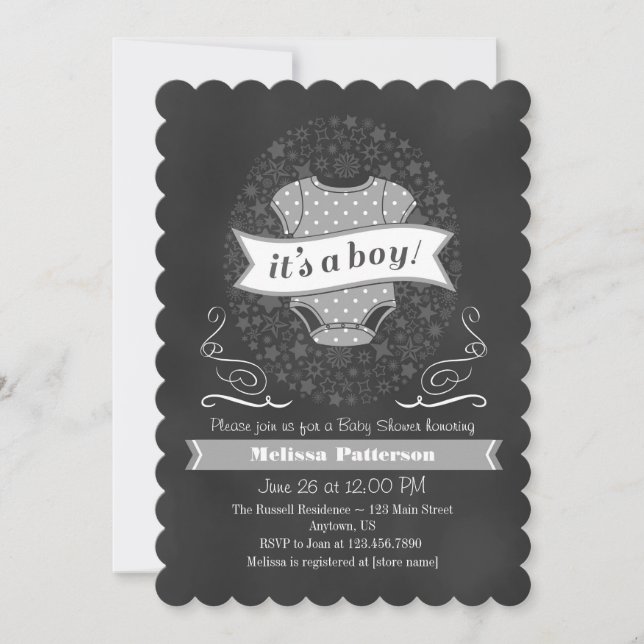 Grey Chalkboard Boy Baby Shower Invite (Front)