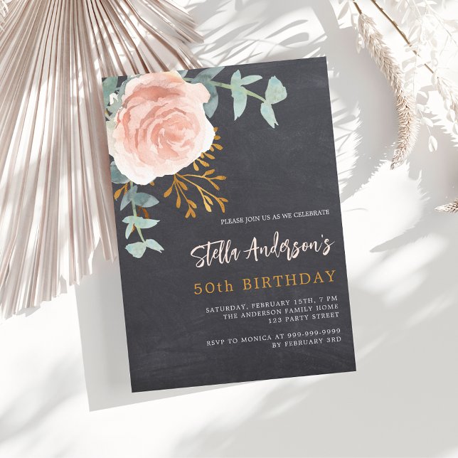 Grey chalkboard ose gold floral luxury birthday invitation (Creator Uploaded)