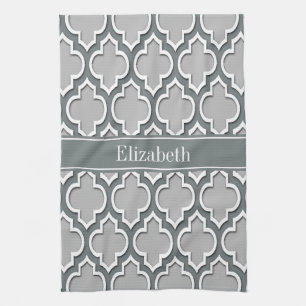 Grey Charcoal Moroccan #5DS Charcoal Name Monogram Tea Towel