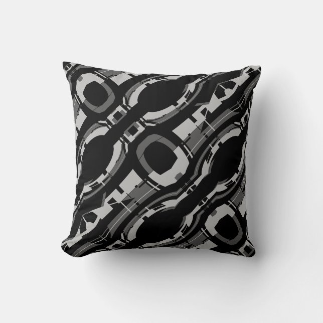 Grey Charcoal on Black Diagonal Circles Abstract Cushion (Front)