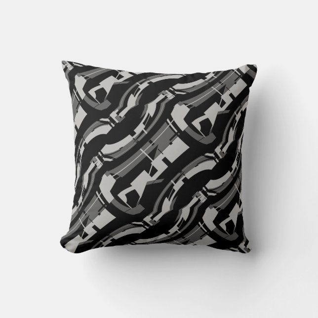 Grey Charcoal on Black Diagonal Pattern Abstract Cushion (Front)