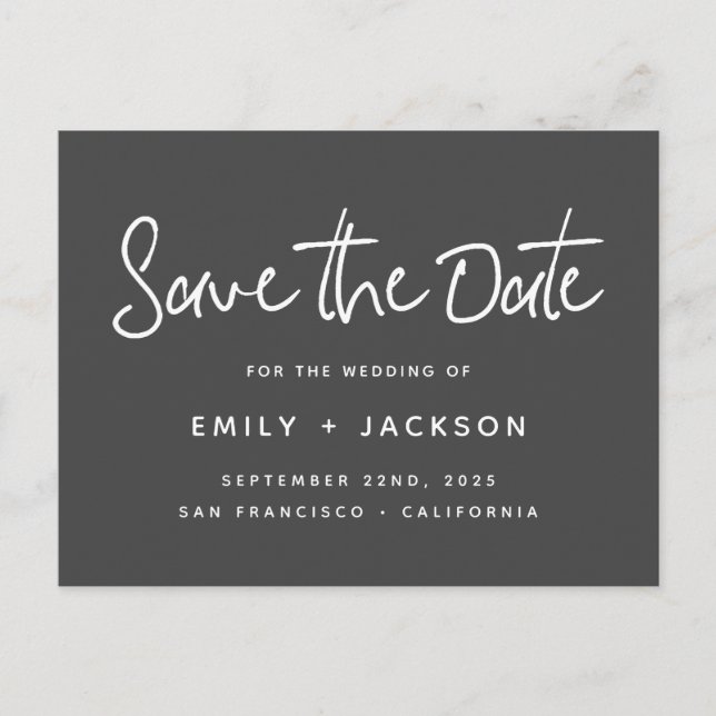Grey Charcoal Script Modern Simple Save the Date Announcement Postcard (Front)