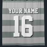 Grey Charcoal Sports Jersey Preppy Stripe Shower Curtain<br><div class="desc">Preppy Striped Team Jersey / Sports Jersey / Football Jersey / Rugby Jersey with Custom Name Customise this with your own name or team name and a number. You can change the size, colour and placement of the text if you need to make changes, change the colour of or remove...</div>
