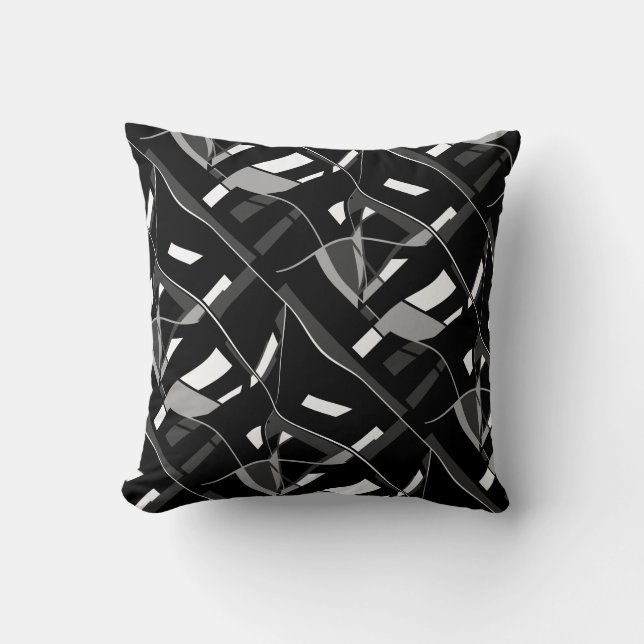 Grey Charcoal White Black Slanted Twirling Lines Cushion (Front)