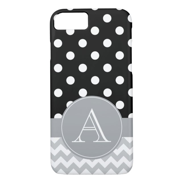Grey Chevron and Black Polka Dots Custom Monogram Case-Mate iPhone Case (Back)