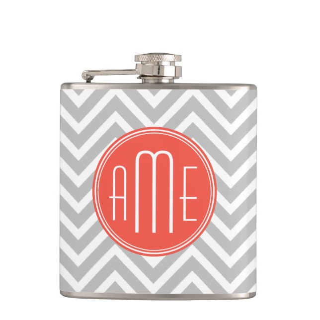 Grey Chevron and Coral Custom Monogram Hip Flask (Front)
