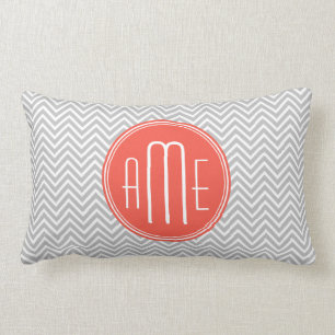 Grey Chevron and Coral Custom Monogram Lumbar Cushion