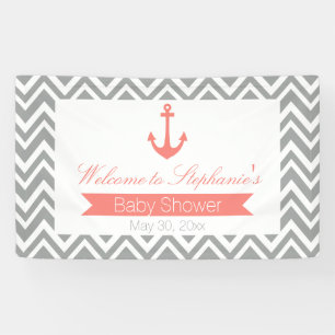 Grey Chevron and Coral Pink Nautical Baby Shower Banner