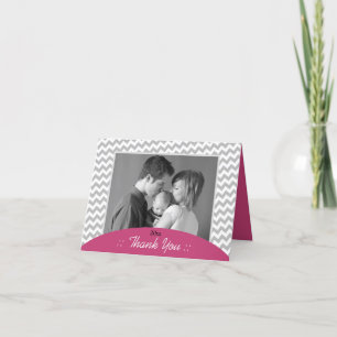 Grey Chevron and Fuchsia Photo Thank You Cards