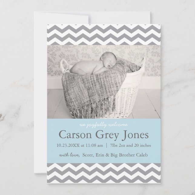 Grey Chevron | Baby Boy Birth Announcement (Front)
