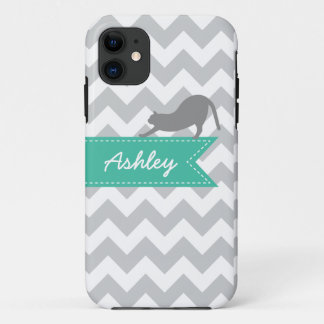 Grey Chevron Cat Turquoise Ribbon Custom Monogram Case-Mate iPhone Case