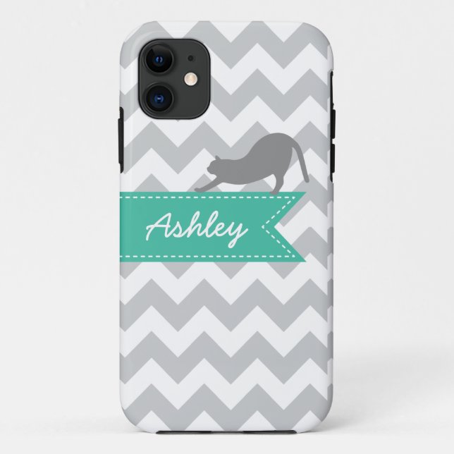 Grey Chevron Cat Turquoise Ribbon Custom Monogram Case-Mate iPhone Case (Back)