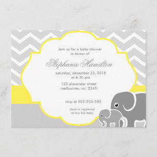 Grey chevron elephants lemon neutral baby shower invitation