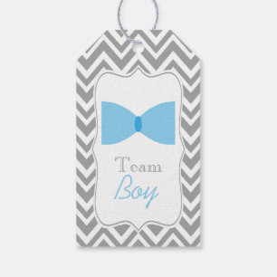Grey Chevron Gender Reveal Bow Tie Team Boy Gift Tags