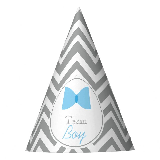Grey Chevron Gender Reveal Bow Tie Team Boy Party Hat (Front)