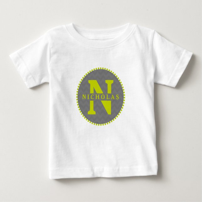 Grey Chevron + Green Monogram Romper Baby T-Shirt (Front)