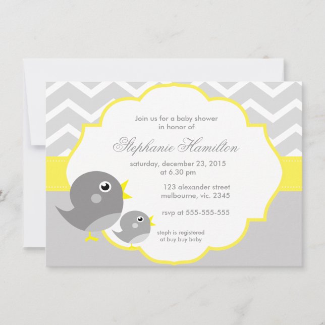 Grey chevron lemon neutral baby shower invitation (Front)