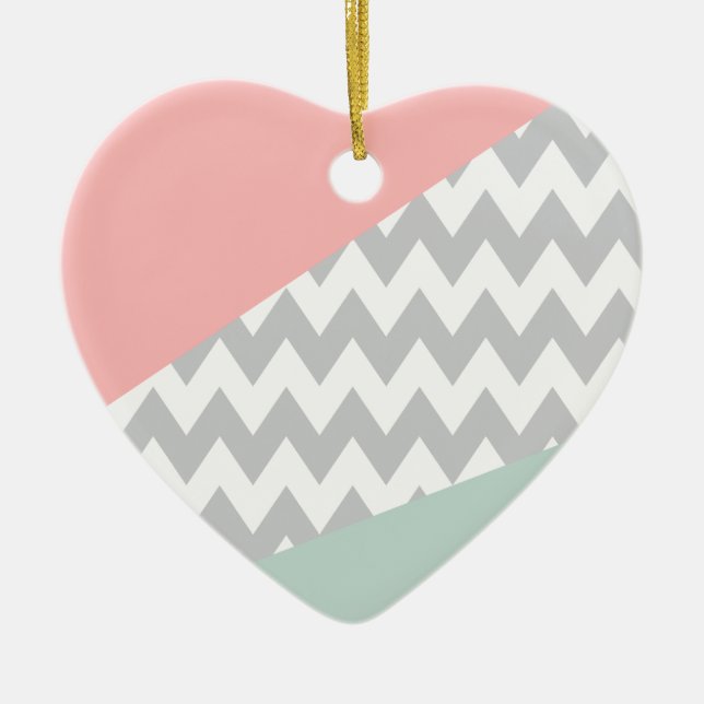 Grey Chevron  Mint and Coral Ceramic Tree Decoration (Front)