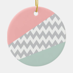 Grey Chevron  Mint and Coral Ceramic Tree Decoration