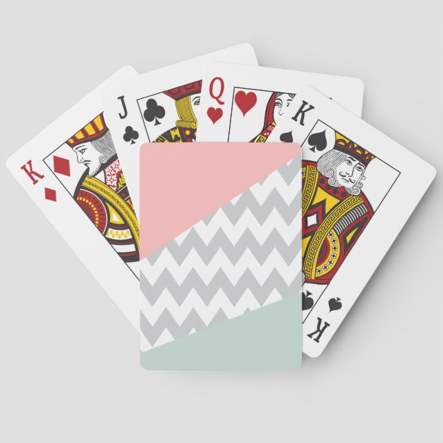 Grey Chevron  Mint and Coral Playing Cards (Back)