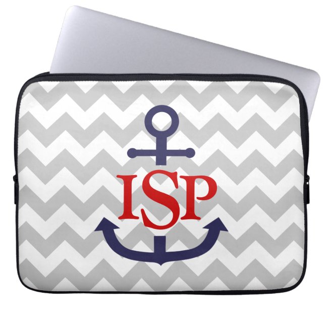 Grey Chevron Monogram Anchor Laptop Sleeve (Front)