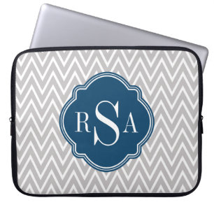 Grey Chevron Navy Monogram Initial Letter Laptop Sleeve