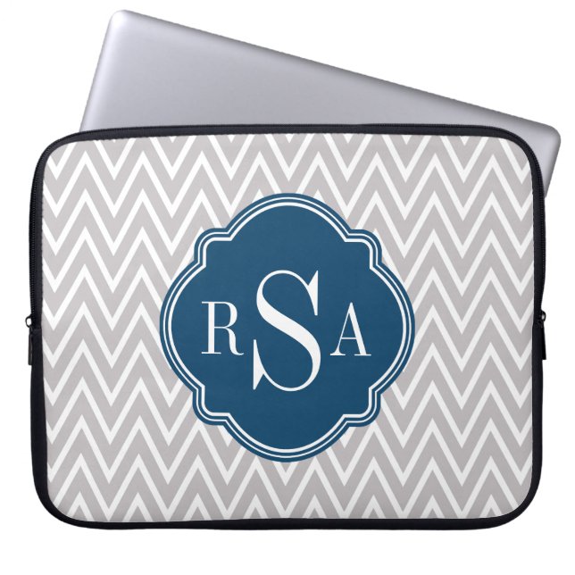 Grey Chevron Navy Monogram Initial Letter Laptop Sleeve (Front)
