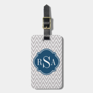 Grey Chevron Navy Monogram Initial Letter Luggage Tag