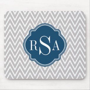 Grey Chevron Navy Monogram Initial Letter Mouse Pad