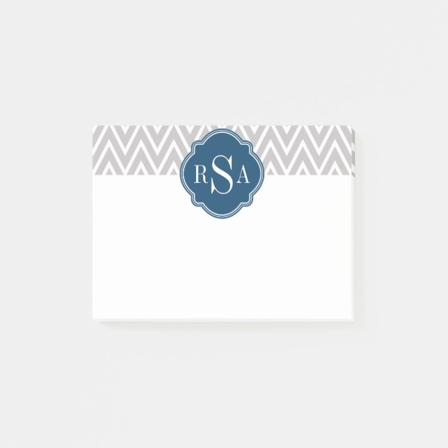 Grey Chevron Navy Monogram Initial Letter Post-it Notes (Front)