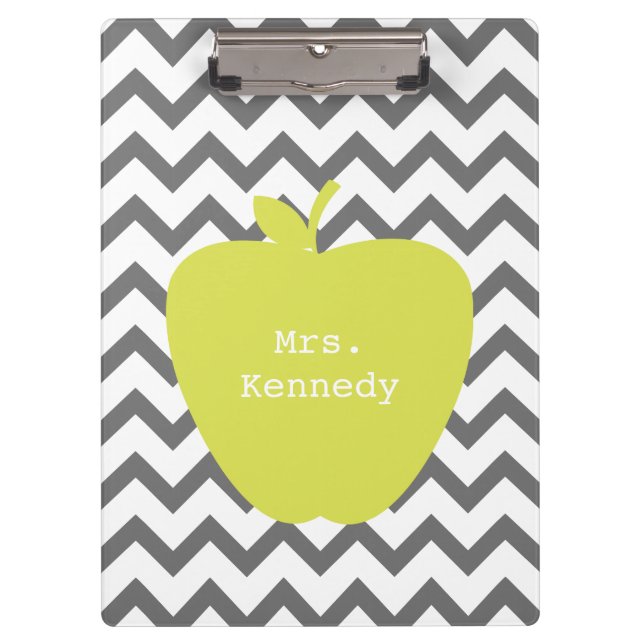Grey Chevron Neon Apple Teacher Clipboard (Front)
